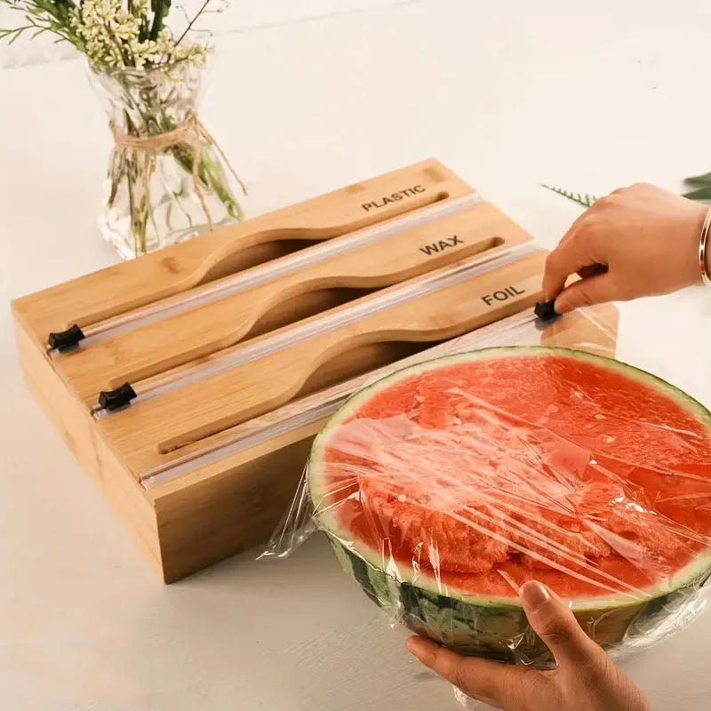 Bamboo Fresh Wrap Cut Box Wall-mounted Aluminum Foil and Plastic Wrap Foil Cutter