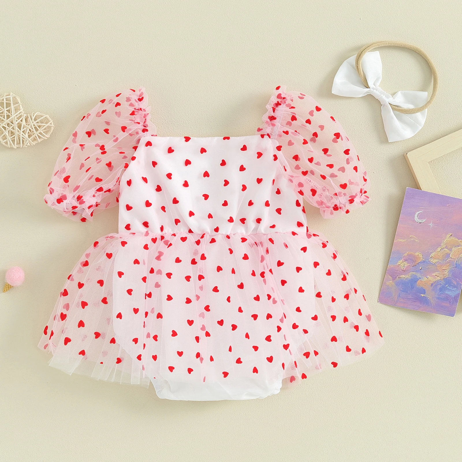 Baby Girl Heart Romper Dress & Headband 3