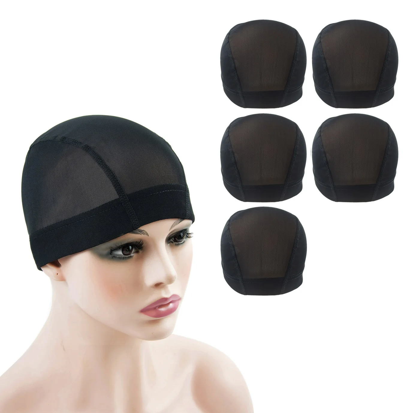 

5 Pieces Black Mesh Wig Cap Weaving Stretchable Cap Hair Net Elastic Nylon Mesh Dome Wig Cap for Wig Making