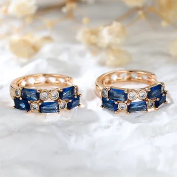 Rectangle Stone Blue Crystal Zircon Hoop Earrings For Women Vintage Gold Color Ear Buckle Wedding Party Jewelry Versatile Gifts