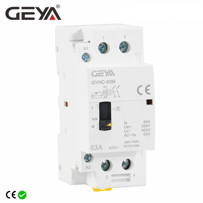 GEYA GYHC 2P 40A 63A 2NO or 2NC Manual Household Modular DIN Rail AC Contactor AC220V 230V Manual Control