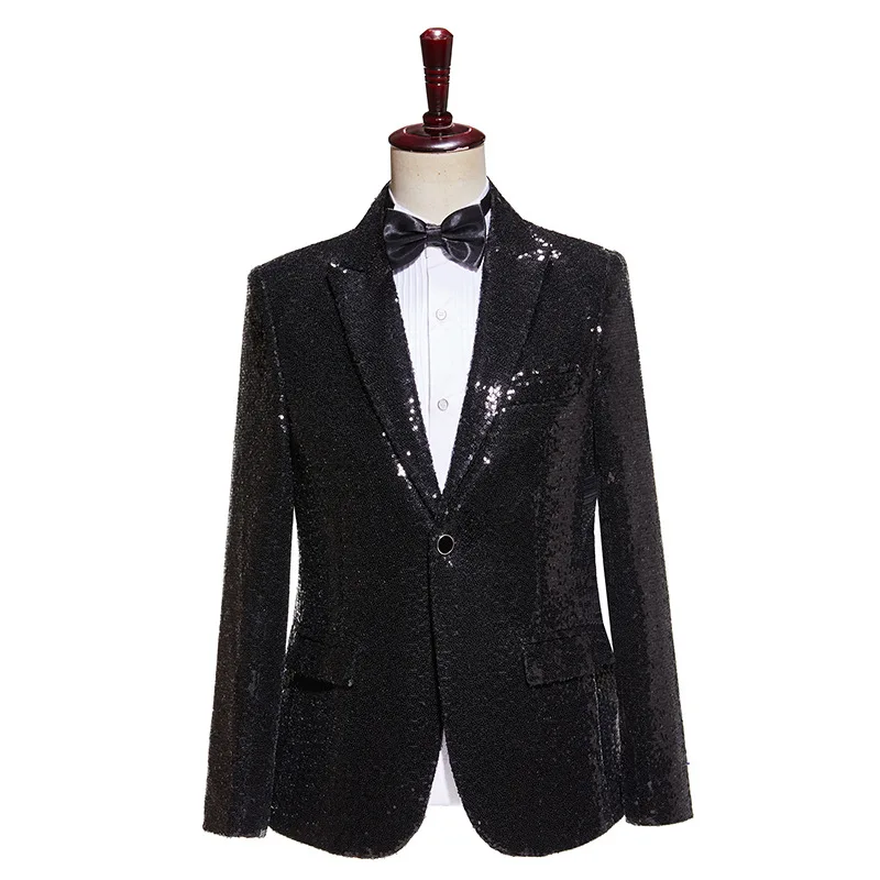 Shiny Black Sequins Male Suit Wedding Groom Stage Prom Sparkling Costume Homme Single Button Fashion Men's Jacket Pants Set 2pcs