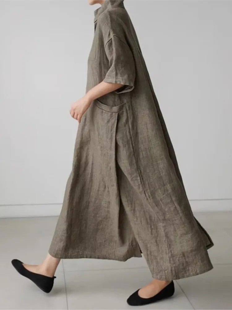 Robe longue midi à col en V pour femmes, manches courtes, coupe ample avec poches, décontractée, pour les vacances, le quotidien, le streetwear, robes maxi amples pour femmes. 1