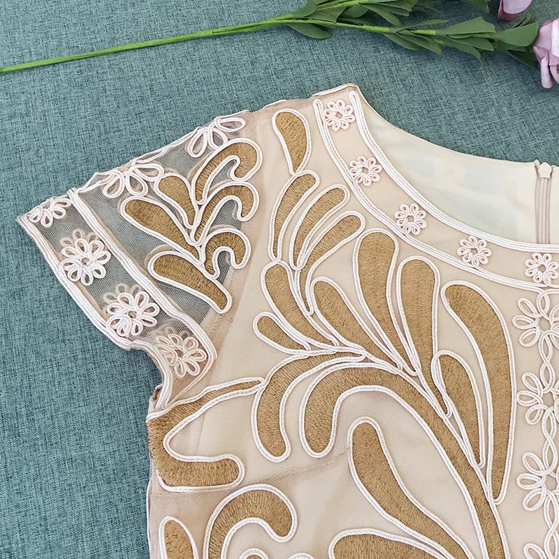 H80&S90 New Women Sexy Mesh Holiday Soutache Sequin Beaded Vitage Jacquared Floral Embroidery Elegant Cap Sleeve Party Dress