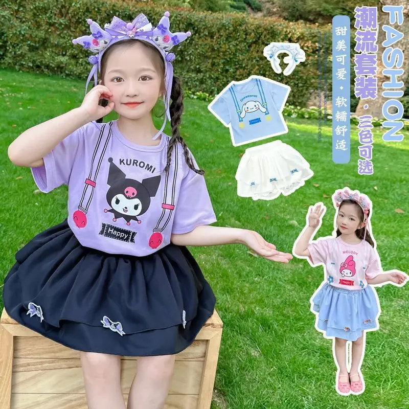 Sanrio Kuromi 마이 멜로디 걸스 반팔 반바지 정장 여름 Cinnamoroll 슬링 조끼 바지 투피스 세트 아동 의류