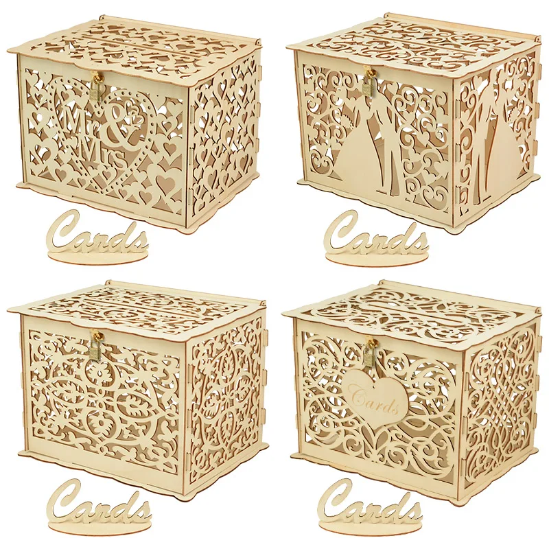 

30X24X21cm DIY Wedding Gift Card Box Wooden Money Box with Lock Beautiful Wedding Decoration Birthday Party Supplies