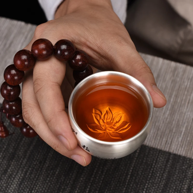 Double-layer sample tea cup set tea silver cup master cup plum orchid bamboo chrysanthemum 999 sterling silver kung fu tea cup