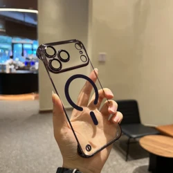 Frameless Luxury Plating Clear Magnetic Shockproof Phone Case with Wireless Charging - iPhone 15 (Dark Purple)