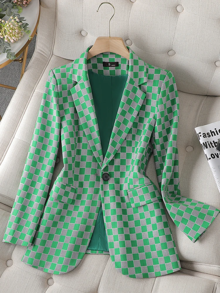 

Fashion Women Casual Green Black Plaid Blazer Coat Female Long Sleeve Single Button Straight Jacket Ladies Women Blazers
