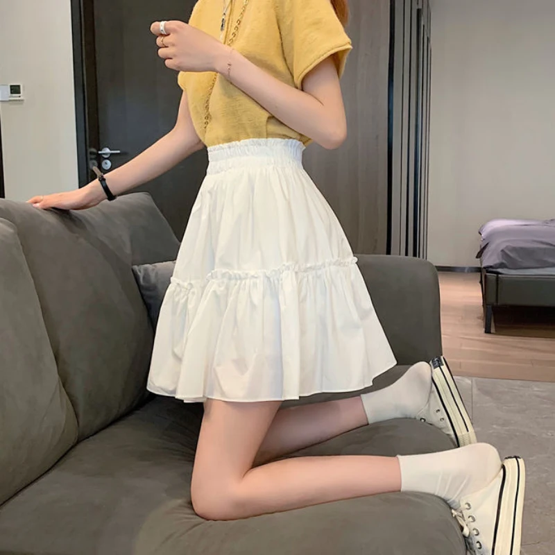 JMPRS Elegant White Women Mini Skirt Elastic High Waist A Line Fashion Ruffles Student Skirts Summer Black Casual Ladies Skirts pleated midi skirt