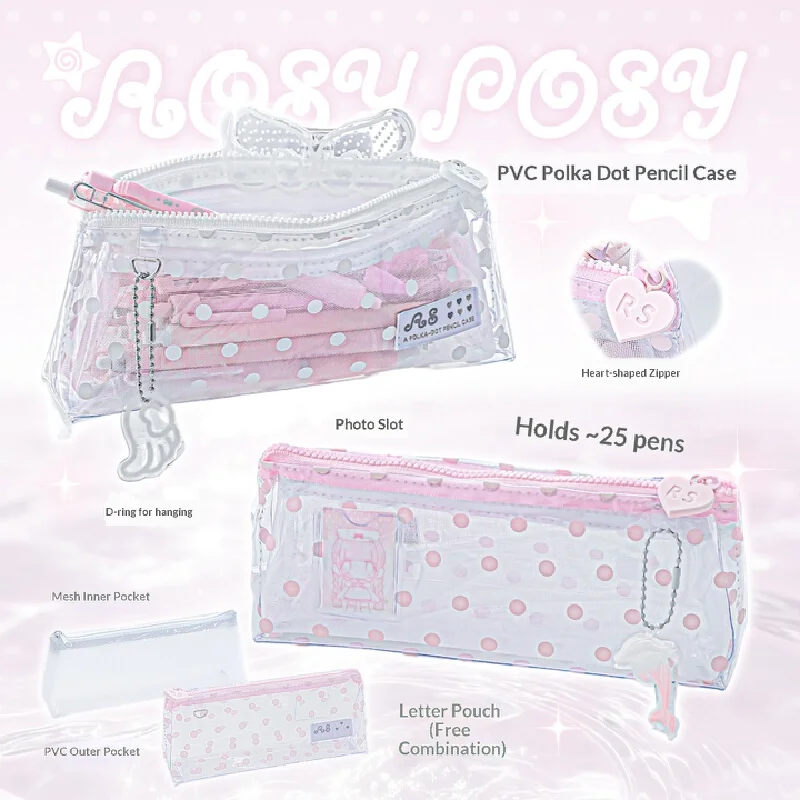 Astuccio RosyPosy Trasparente a Pois, Portatile ed Estetico in PVC, per Scuola, Ufficio e Studio Quotidiano