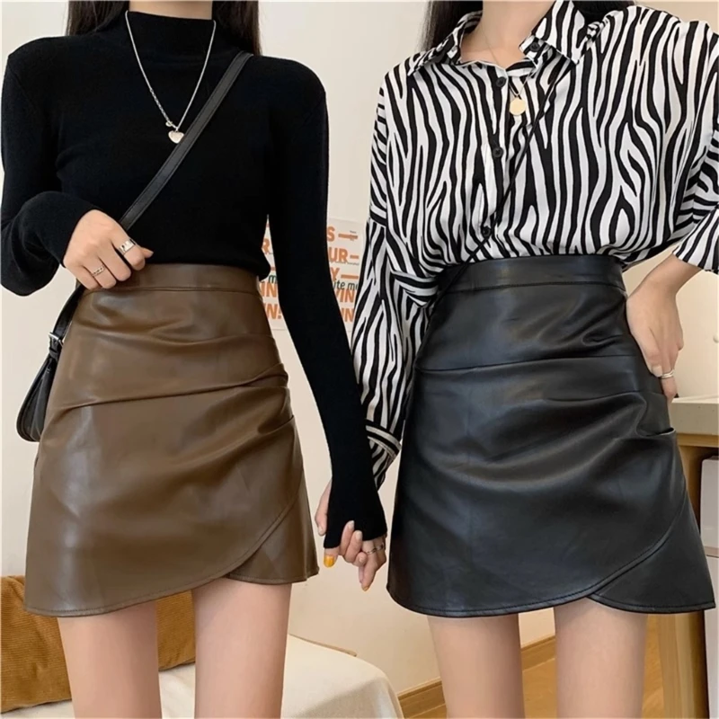 

Women High Waist Ruched Wrap A-Line Mini Skirt Girl Street PU Faux Leather Zipper Back Asymmetrical Hem Slim Bodycon Short Skirt