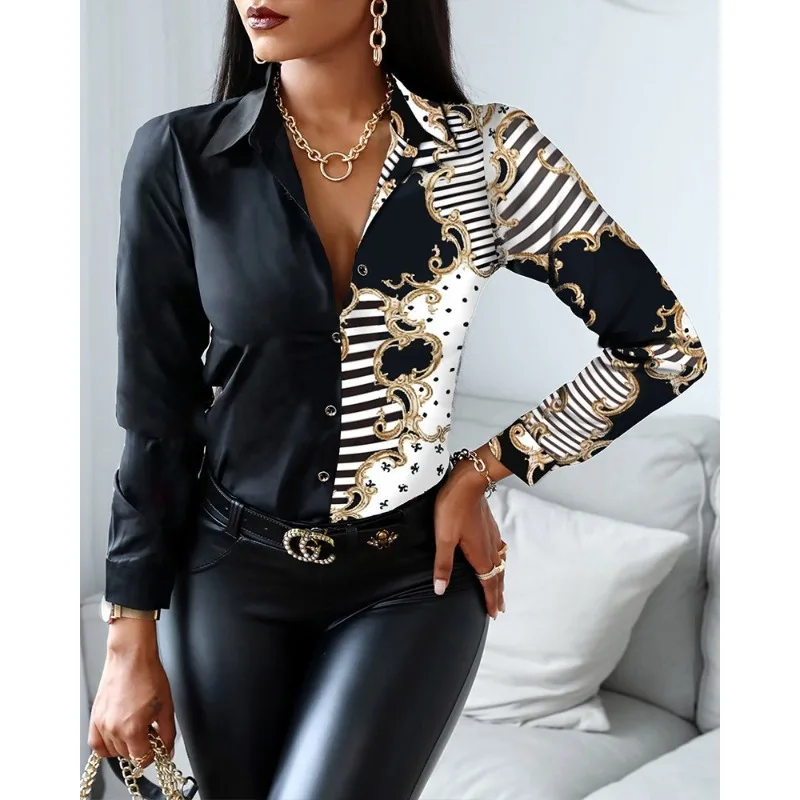 

Women's2023Spring and AutumnNew Long Sleeve V-Neck Contrast Vintage Style Shirt Top Printede Turn Down Collar Slim Blouse Femme