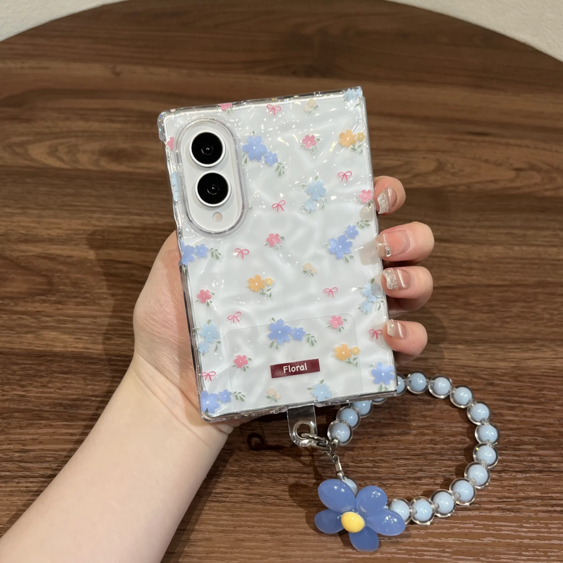 Cute Blue Pink Florals Wrinkle Clear Case with Flower Chain