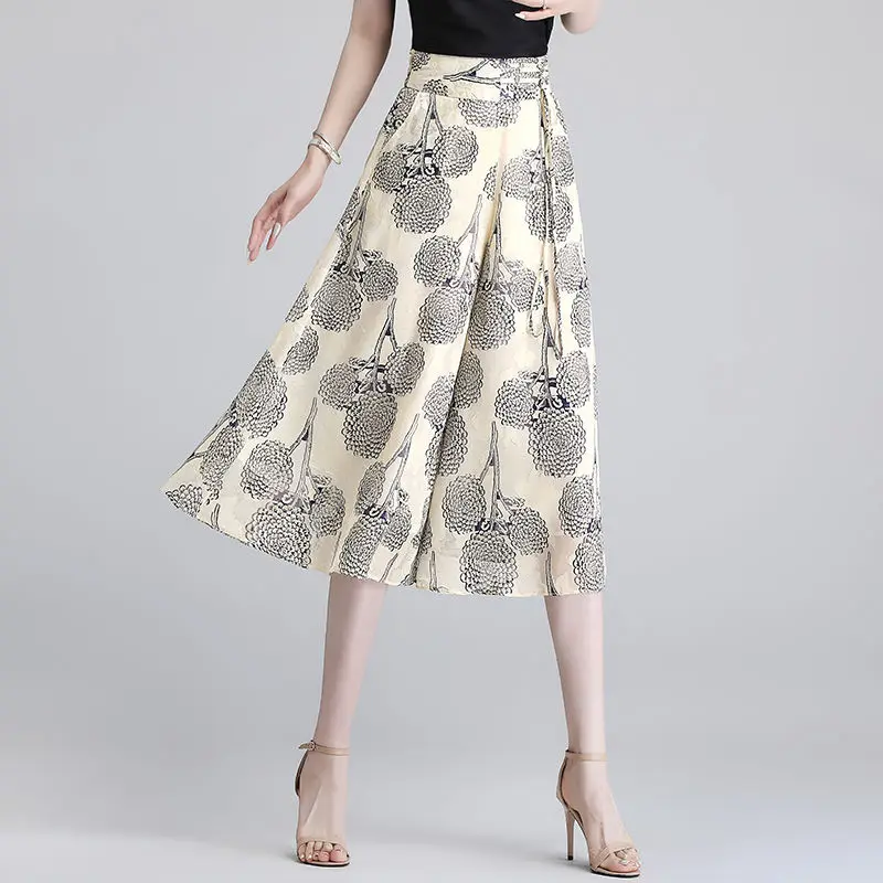 Summer Women Geometric Chiffon Wide Leg Skirt Pants Korean Fashion Capris Oversized Casual Elastic High Waist Ice Silk Trousers