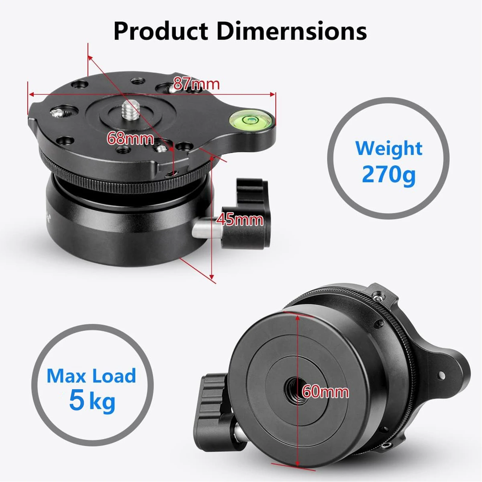 Lanxire Tripod Head Leveling Base Leveling Head Half Ball 1/4" Thread Offset Bubble Level For DSLR Canon Nikon Sony Tripod Ball Head Leveling Base Mount