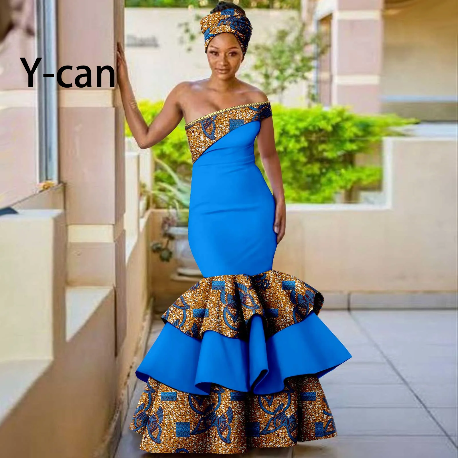 

African Women Wedding Dresses Dashiki Ankara Print Ruffles Long Mermaid Dress with Headwrap Bazin Party Bridal Vestidos Y2225021