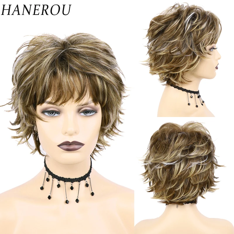 Brown Blonde Mixed Synthetic Wig Short Wave Fluffy Wigs for White Women Daily Fake Hair Wig with Bangs Hight Temperature Fiber synthetic wig short blonde mixed light brown with bangs wigs for women nature straight pretty female fake hair