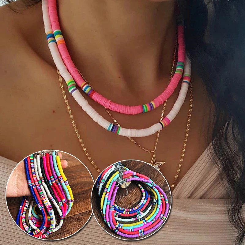 Boho Style Colorful Clay Choker Necklace Women Girls Bohemian Rainbow Polymer Clay Beads Adjustable Collar Femme Jewelry velvet choker necklaces