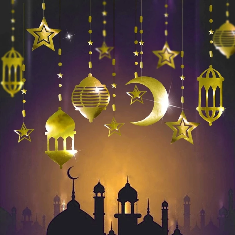 Ramadan Gold Silver Star Moon Lantern Hanging Streamer Garland Eid Mubarak Home Decoration 2025 Muslim Islamic Party Supplies