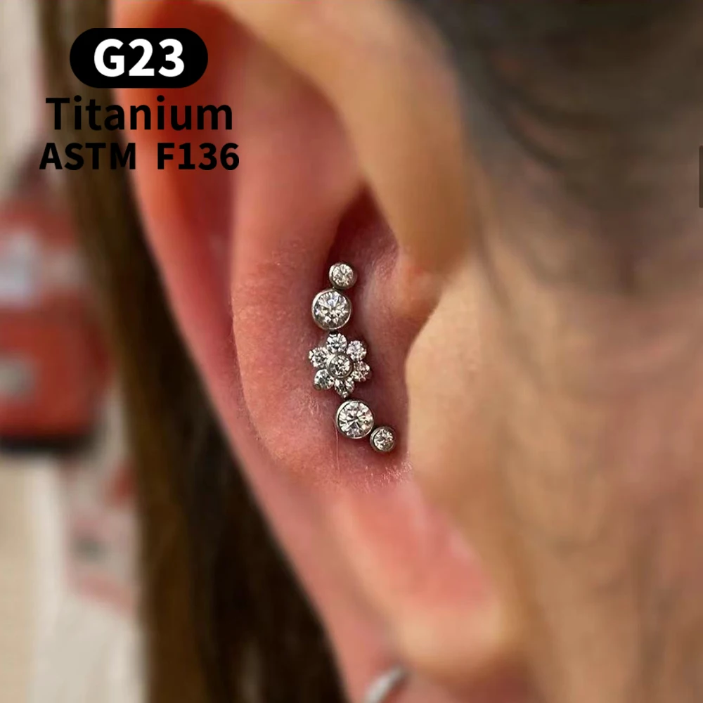 Titanium ASTM F136 Piercing Stud Earrings Flower Helix Tragus Cartilage Body Jewlery Internal Thread Labret Zircon earring row