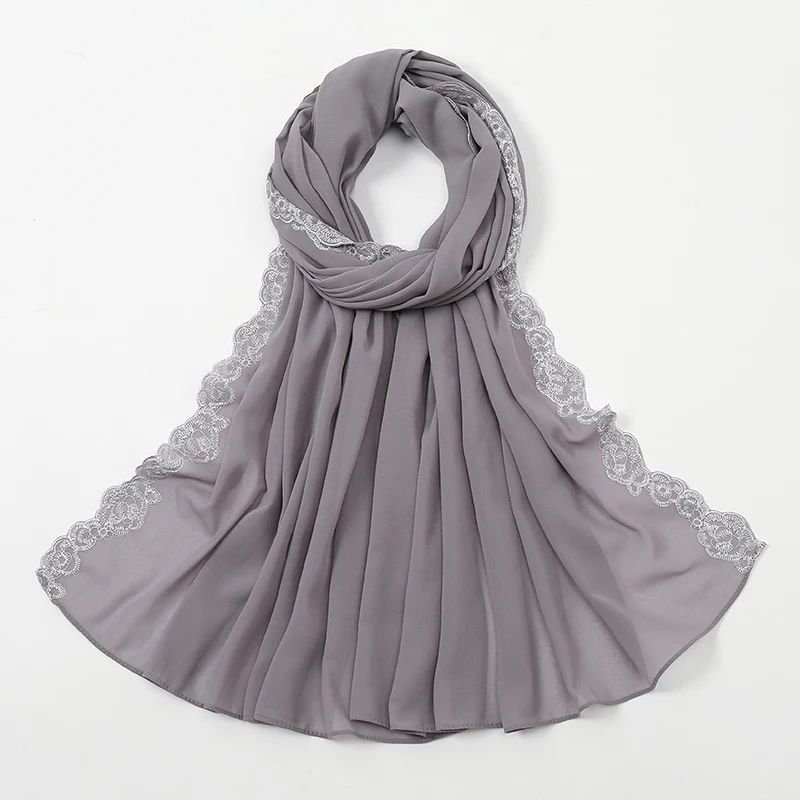 180x75cm Chiffon Hijab Schal für Frauen lange einfarbige Spitze Perlen kopf Wraps Schals Damen Strand Sonnenschutz Schals Schleier Schal – Detail 12