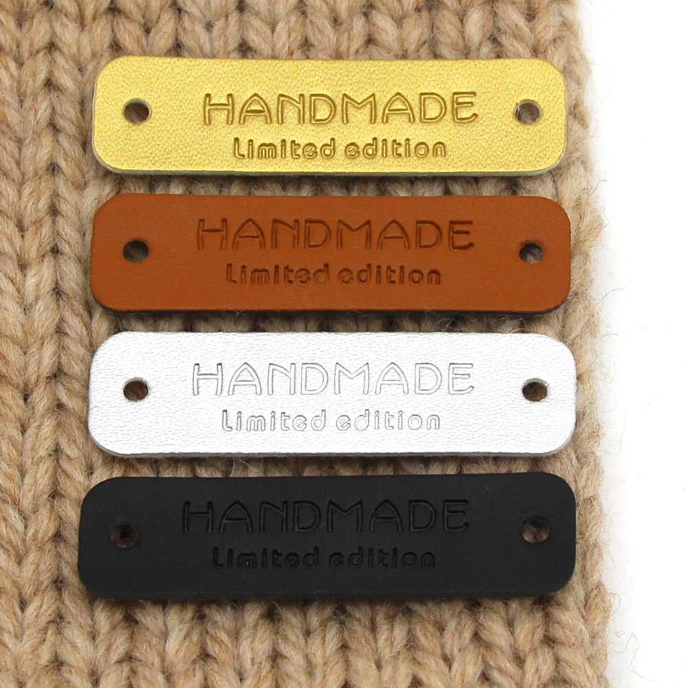 56x16mm Labels Handmade Tags Gold/Sliver/Black/Brown/White Leather Label For Clothing Hand Made Limited Edition Sew Tags 50Pcs