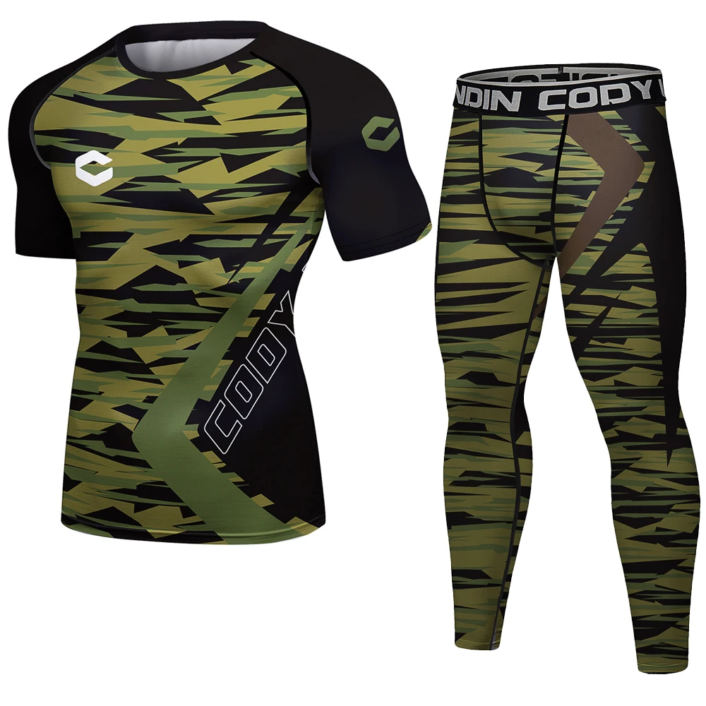 

2Pcs Fitness Bodybuilding Camo Sports Set Men Compression Shirt YOGA Sportswear MMA BJJ Rashguard Joggers Leggings Gym Tights