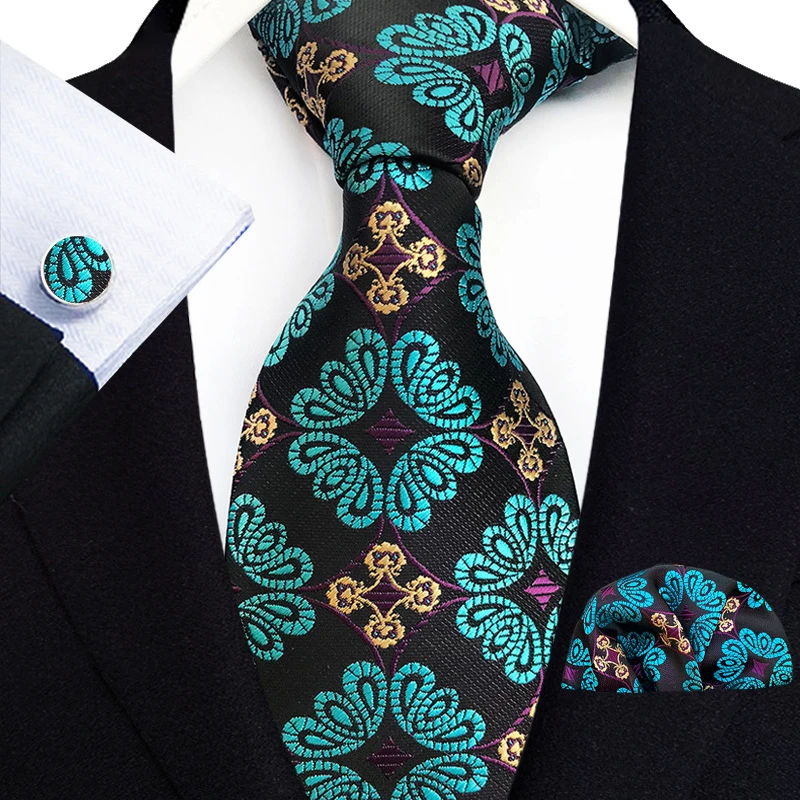 100% Silk Floral Blue Ties For Men Wedding Party Business Man Tie Handkerchief Brooch Cufflinks Set Men Accessories