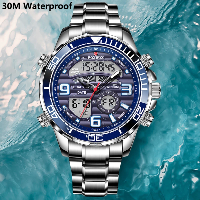 FOXBOX Top Brand Luxury Watch Men Waterproof Quartz Digital Led Male Clock Military Sport Stainless Steel Man Wristwatch 2023