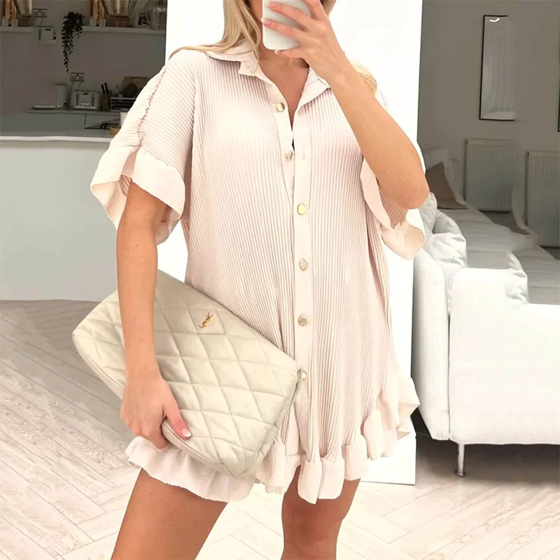 Elegant Women's Suits with Shorts Edible Tree Fungus Short Sleeve Turn Down Collar Summer Clothing Set 2 Piece Female Clothes