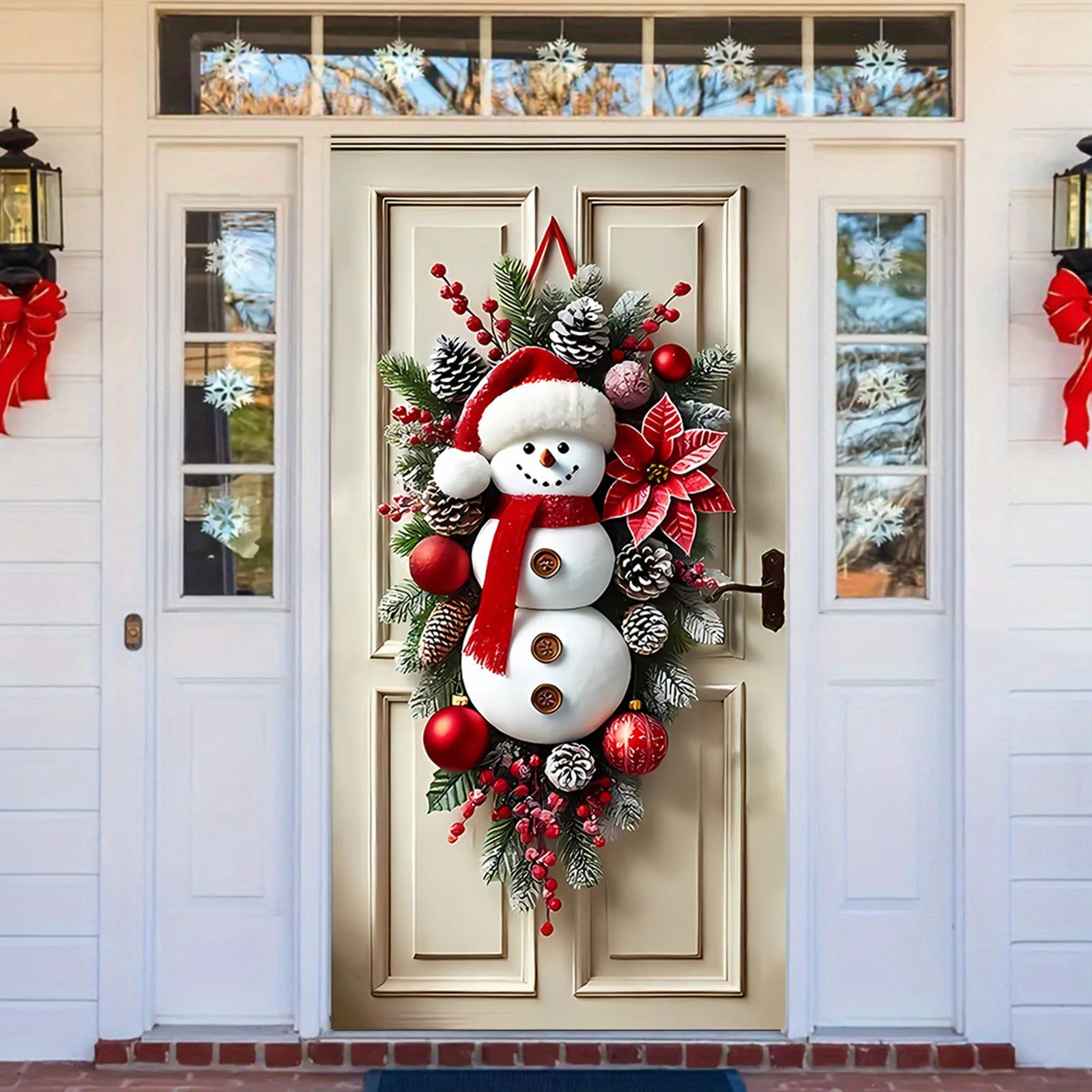 Snowman Door Hanging with Scarf Winter Snowman Xmas Wreath for Front Porch Indoor Outdoor Holiday Decor