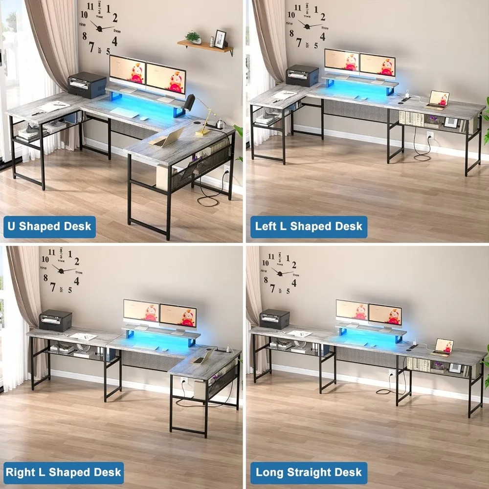 U Shaped Computer Desk with Power Outlet and LED Strip, Reversible L Shaped Office Desk with Monitor Stand and Bookshelf 4