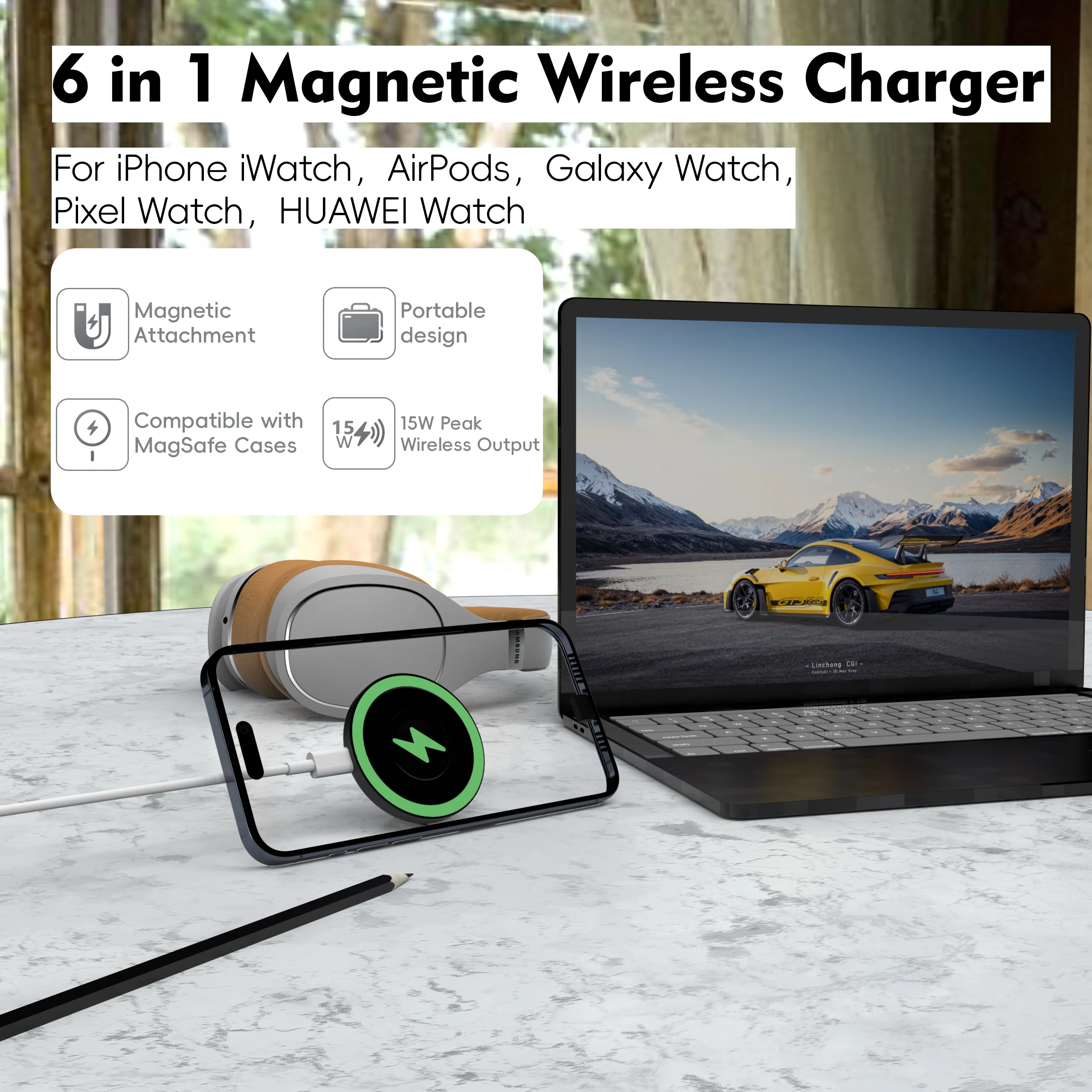 Universal Magnetic 3-in-1 Wireless Charging Station for Smartphones, Watches, and Earbuds