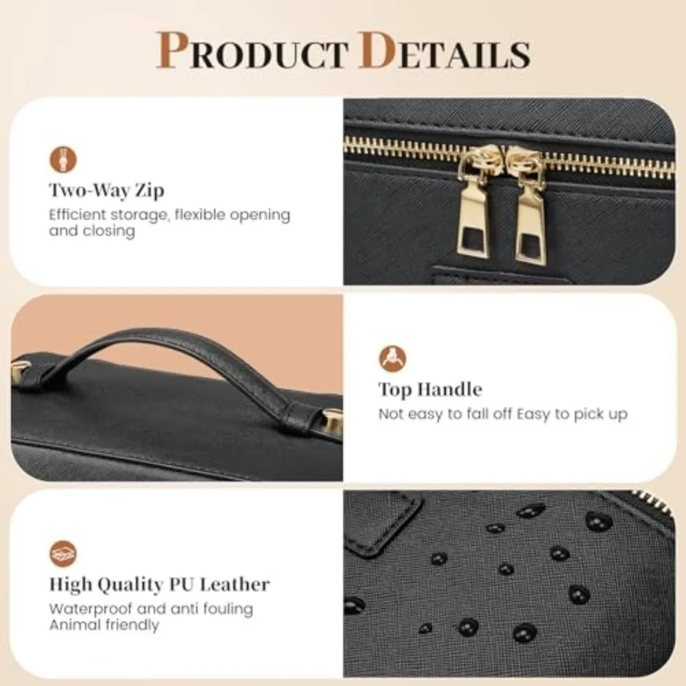 Make-up-Tasche aus PU-Leder, großes Fassungsvermögen, wasserdichte Kulturtasche, quadratische Form, herausnehmbarer Trenner, Kamera-Aufbewahrungstasche für Damen und Herren – Detail 3