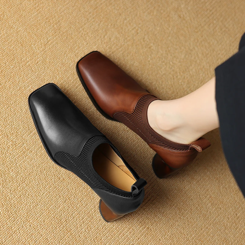 

2024 new Women pumps natural leather 22-25cm washed cowhide+pigskin+Elastic fabric square toe loafers Vintage women shoes