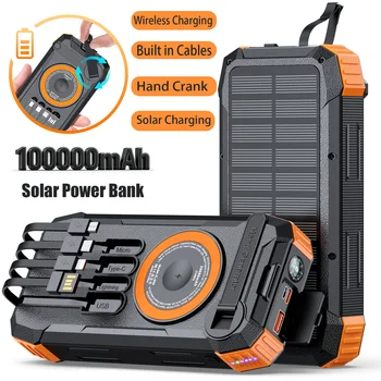 Power Bank Solare ad Alta Capacità, Caricatore Wireless con 4 Cavi Integrati, Generatore a Manovella, Luce LED per Emergenze all'Aperto
