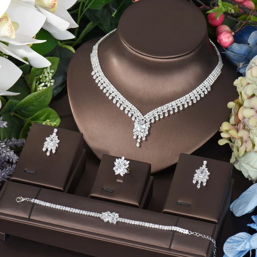 

HIBRIDE Super Luxury Geometric Charms Jewelry Sets For Women Wedding Cubic Zircon Necklace Earring Set Dress Accessories N-1534