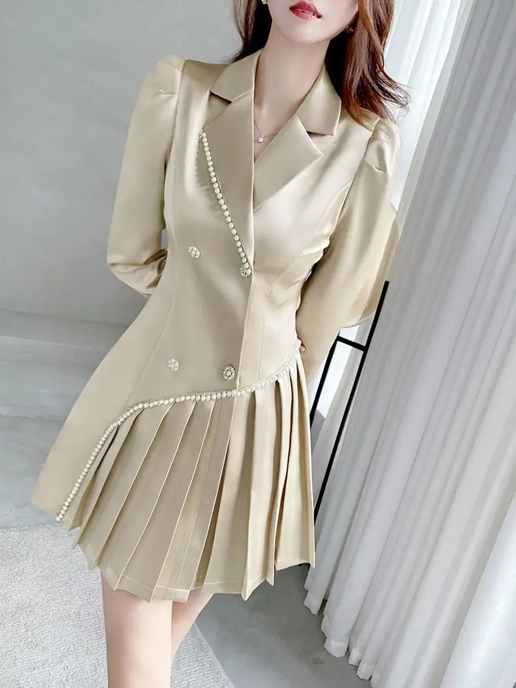 

dresses women luxury 2023 spring and autumn women's elegant pleated dress ladies solid color casual champagne suit dress female