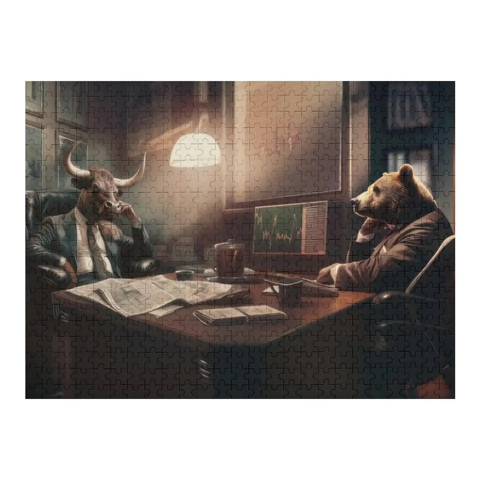 Bull and Bear in a meeting, Wall Street Art Jigsaw Puzzle Personalized Baby Object Wooden Compositions For Children Puzzle