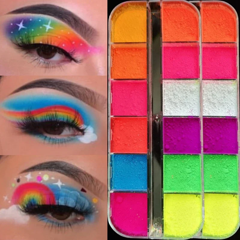 12 Colors Neon Eyeshadow Palette Matte Fluorescent Pigment Eye Makeup Palette Glitter Lasting Eyeshadow Nail Art Powder