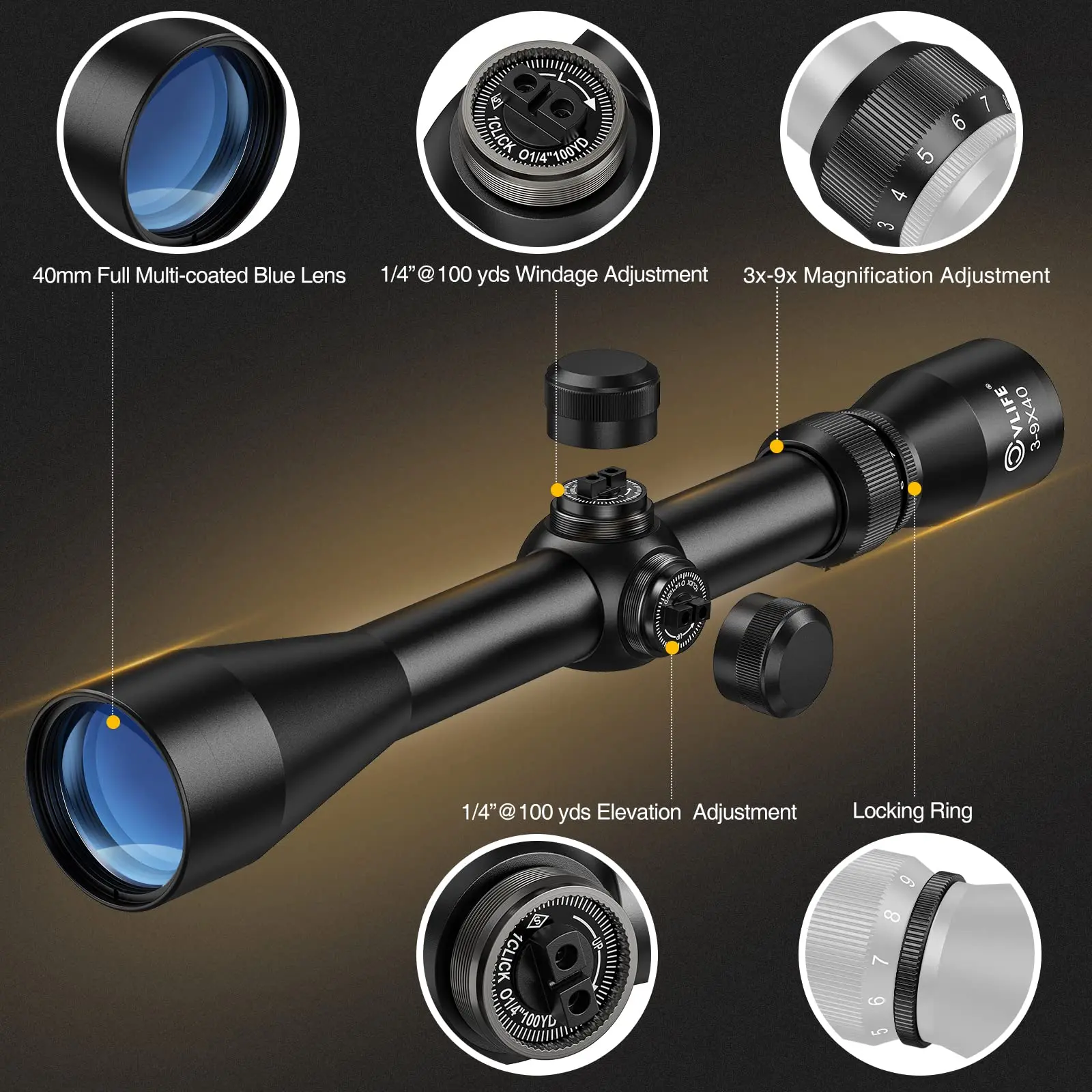 CVLIFE 3-9x40 Rifle Scope 20mm Optics R4 Reticle Crosshair Hunting Riflescope Tactical Mounts Black