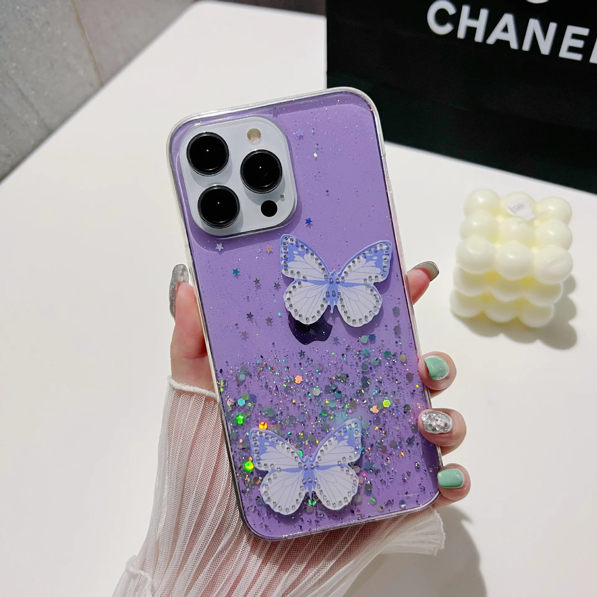Vibrant Pink Butterfly & Starry Sky Semi-Transparent Shockproof Phone Case