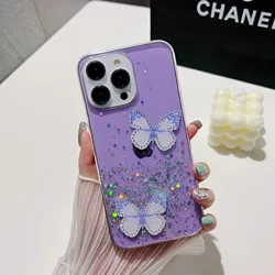 Vibrant Pink Butterfly & Starry Sky Semi - Transparent Shockproof Phone Case - iPhone 15 Plus (Purple)