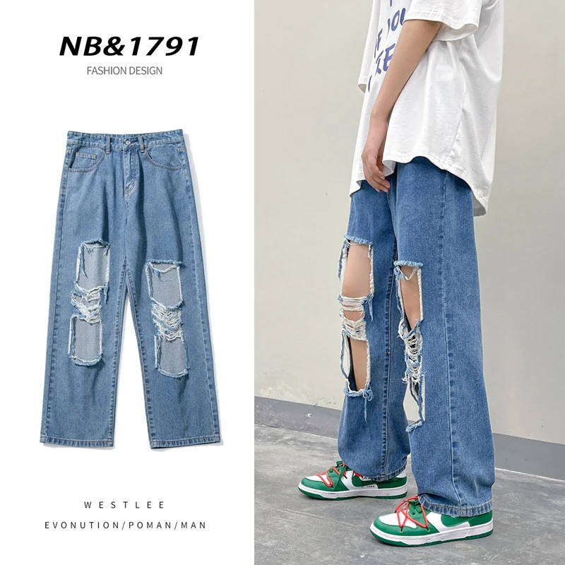 

Spring/Summer Men's Big Ripped Blue Jeans Korean Fashion Streetwear Denim Straight Ankle-Length Pants Male Brand