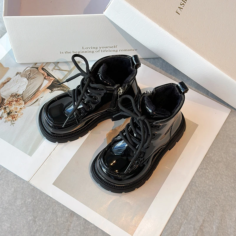 Girls Winter Cotton Boots Black Beige Round Toe Platform