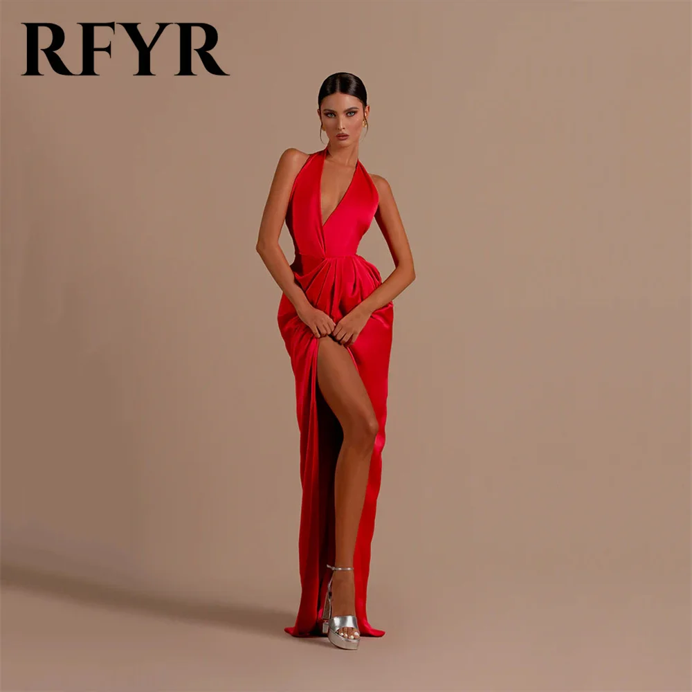 

RFYR Red Prom Dresses With High Split Halter Sleeveless فستان سهرة نسائي Sexy Backless Evening Dress Stain V Neck Gala Dresses