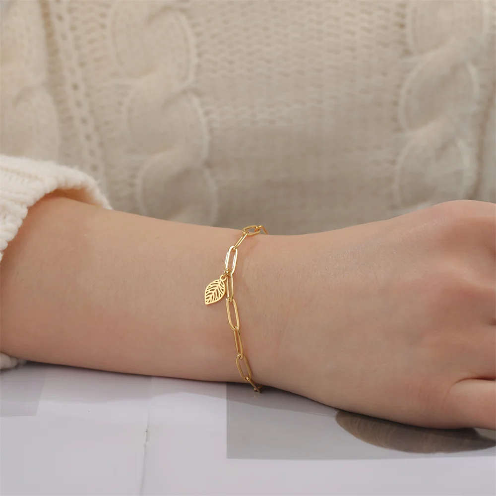 My Shape Hohle Blätter Armbänder Edelstahl für Frauen Mädchen Geschenke Pflanze Blatt Anhänger Kette Hand kette Armreif Sommers chmuck – Detail 20