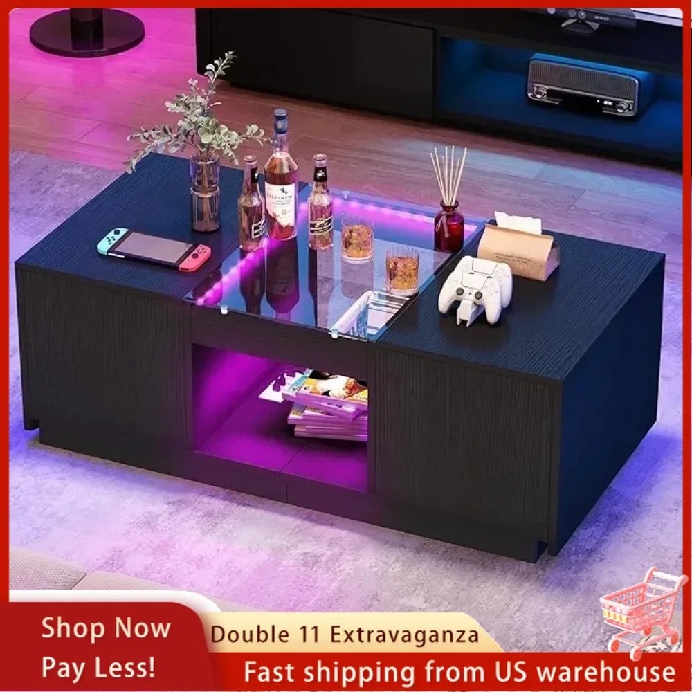 LED coffee table,large living room central table with USB port and LED lights,and Type-C modern coffee table with storage space