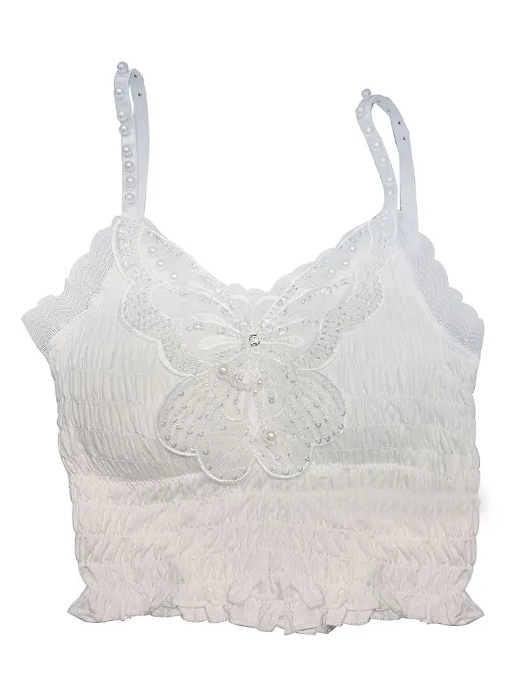 Sommer Frauen Spitze Unterwäsche Schwarz Weiß Crop Top Perle Bogen Stickerei Pailletten Leibchen Sexy Dessous Y2k Tops Schmetterling Top Tank – Detail 4